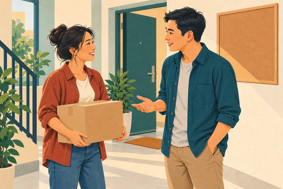 Hai người lớn trò chuyện bình đẳng trong khu sinh hoạt chung; một người đang đề nghị giúp đỡ.