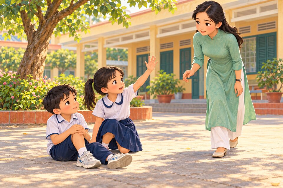 Cô giáo ân cần đến bên hai em nhỏ đang ngồi dưới sân trường.